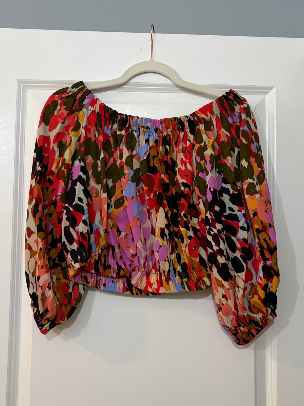 Multicolor Off-Shoulder Crop Top with Balloon Sleeves